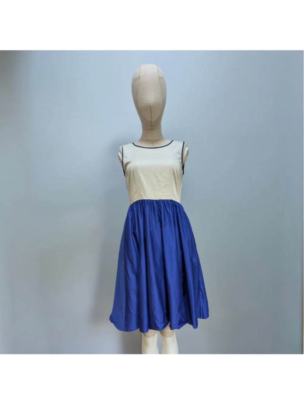 Kate Spade New York Cotton Colorblock Fit Flare Cream Blue Dress - 0 - See Note